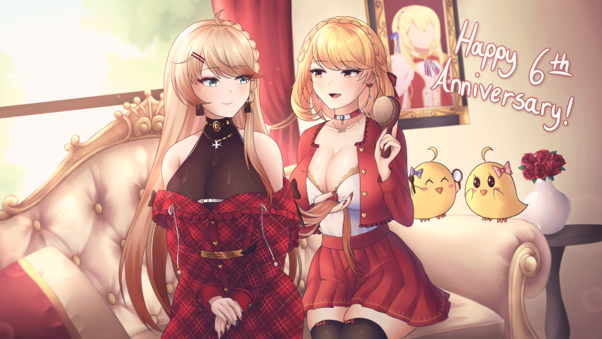 3girls absurdres alternate_costume azur_lane bare_shoulders black_thighhighs blonde_hair blue_eyes blue_ribbon breasts brushing_another's_hair brushing_hair choker cleavage couch cropped_jacket dress earrings english_commentary english_text flower flower_earrings gradient_hair hair_brush hair_ribbon happy_anniversary highres holding holding_another's_hair holding_hair_brush howe_(azur_lane) howe_(noble_rouge)_(azur_lane) indoors jacket jewelry king_george_v_(azur_lane) large_breasts long_hair manjuu_(azur_lane) medium_hair miniskirt multicolored_hair multiple_girls off-shoulder_dress off_shoulder official_alternate_costume on_couch open_clothes open_jacket open_mouth plaid_clothes plaid_dress pleated_skirt portrait_(object) prince_of_wales_(azur_lane) pumpkinpaii red_choker red_curtains red_dress red_eyes red_flower red_hair red_jacket red_rose red_skirt ribbon rose siblings sisters sitting skirt sleeveless sleeveless_turtleneck thighhighs turtleneck vase window zettai_ryouiki