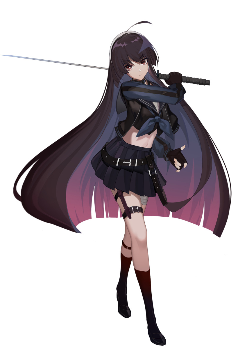 absurdres ahoge bandaged_leg bandages belt black_choker black_gloves black_hair black_jacket black_sailor_collar black_skirt black_socks blue_neckerchief blunt_bangs breasts choker crop_top female fingerless_gloves forever_7th_capital full_body gloves hair_between_eyes highres holding holding_sword holding_weapon jacket jyuuku_(forever_7th_capital) katana long_hair long_sleeves looking_at_viewer loose_belt medium_breasts navel neckerchief red_eyes sailor_collar skirt socks solo standing sword weapon white_background xie_wang