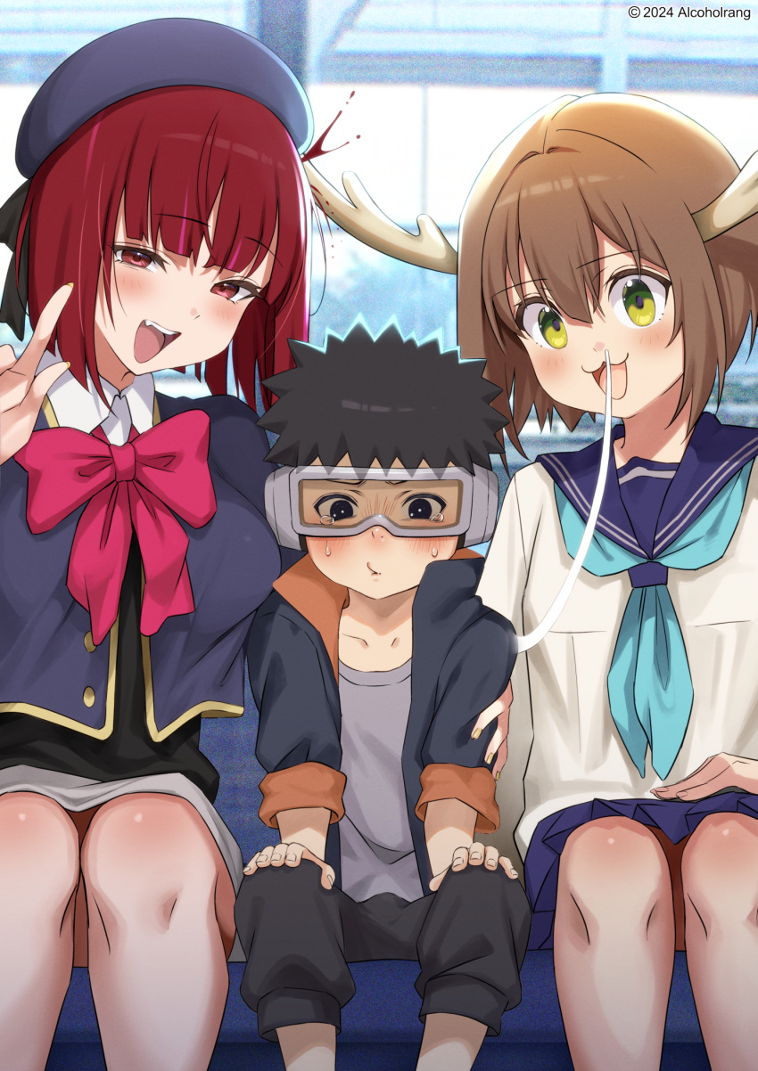 1boy 2girls age_difference alcoholrang antlers aqua_neckerchief arima_kana beret black_hair black_jacket black_pants blue_sailor_collar blue_skirt blush bob_cut bow bowtie brown_hair closed_mouth crossover deer_antlers deer_girl goggles green_eyes han_megumi hat highres horns inverted_bob jacket looking_at_viewer medium_hair multiple_girls naruto_(series) naruto_shippuuden neckerchief open_mouth oshi_no_ko pants pink_bow pink_bowtie red_eyes red_hair ribbon sailor_collar school_uniform serafuku shikanoko_noko shikanoko_nokonoko_koshitantan shirt short_hair skirt sneezing spiked_hair uchiha_obito voice_actor_connection white_shirt youtou_high_school_uniform