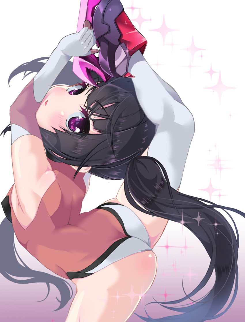 aiai_(jsm) ass black_hair blunt_bangs breasts contortion female flexible from_behind highres legs_over_head leotard long_hair looking_at_viewer oversplit pink_eyes pink_leotard senki_zesshou_symphogear shiny_skin small_breasts solo split standing standing_on_one_leg standing_split thighhighs tsukuyomi_shirabe twintails white_thighhighs