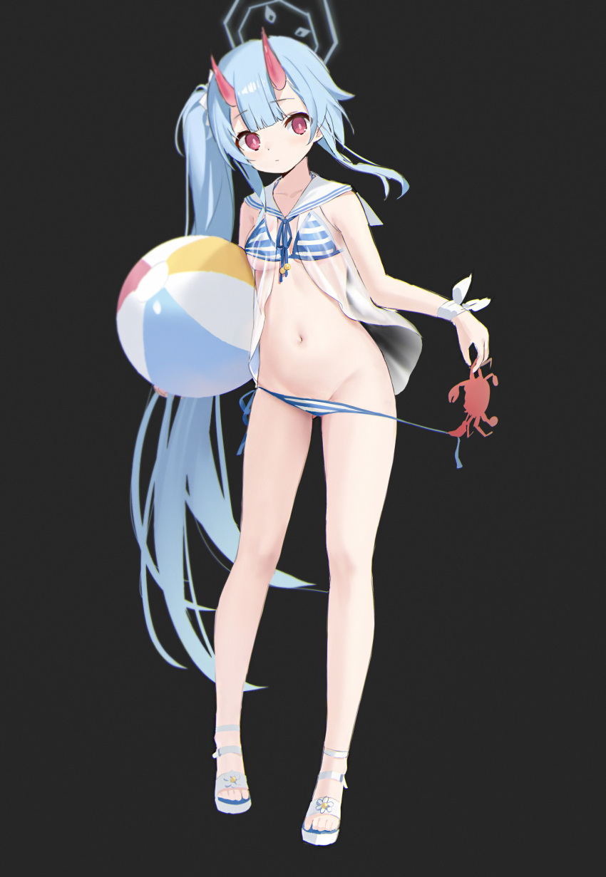 animal ball banxuan_c2ka beachball bikini black_background blue_archive blue_bikini blue_hair breasts chise_(blue_archive) chise_(swimsuit)_(blue_archive) closed_mouth crab female full_body groin halo highres holding holding_animal holding_ball horns long_hair navel red_eyes sailor_collar sandals side-tie_bikini_bottom side_ponytail simple_background small_breasts solo standing string_bikini striped_bikini striped_clothes swimsuit very_long_hair