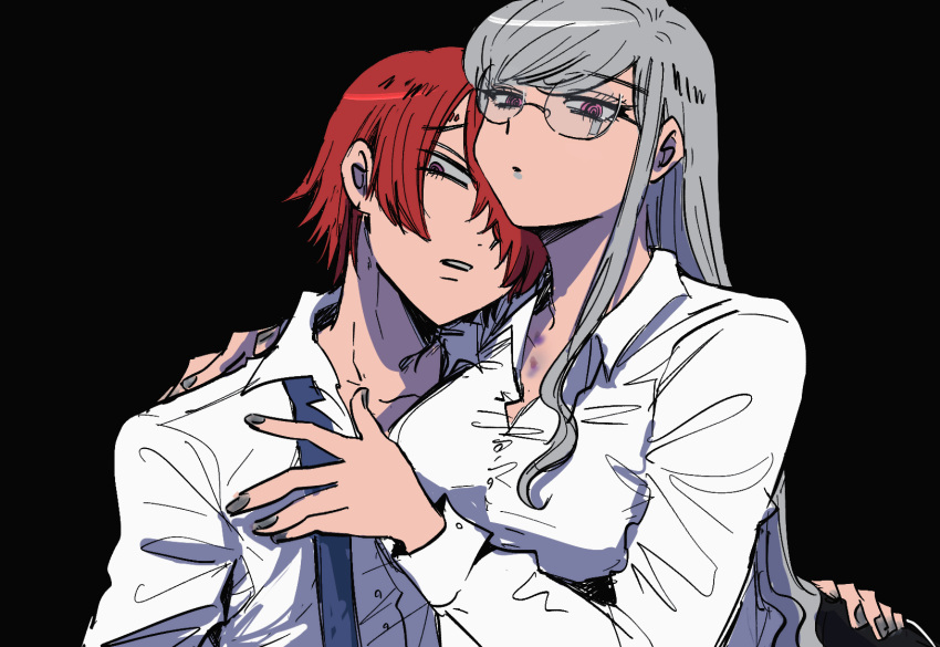 1boy black_background breasts closed_mouth collared_shirt commentary_request female glasses grey_hair grey_nails hair_over_one_eye hand_on_another's_ass hand_on_another's_chest highres kinu_(konoyoha_mtgi) long_hair long_sleeves looking_at_viewer martina_electro master_detective_archives:_rain_code medium_breasts nail_polish necktie red_eyes red_hair shirt short_hair simple_background straight undone_necktie upper_body white_shirt yomi_hellsmile