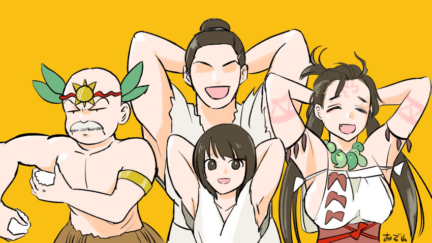 2boys 2girls armpit_onigiri arms_behind_head bald brown_hair closed_eyes commentary_request crossover facial_hair fate/grand_order fate_(series) food grass_skirt highres himiko_(fate) himiko_(first_ascension)_(fate) long_hair mahoujin_guruguru moustache multiple_boys multiple_girls odeyama onigiri simple_background topknot udberg_eldol upper_body yellow_background