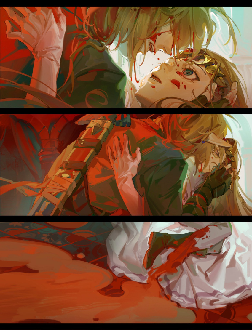 1boy bleeding blonde_hair blood blood_on_clothes blood_on_face boots crown dress elbow_gloves female fingerless_gloves gloves green_tunic grey_pants hand_in_another's_hair hand_on_another's_back highres implied_kiss injury link long_hair looking_at_another master_sword missing_limb octahooves pants parted_lips pointy_ears princess_zelda sequential sidelocks the_legend_of_zelda the_legend_of_zelda:_ocarina_of_time white_dress white_gloves