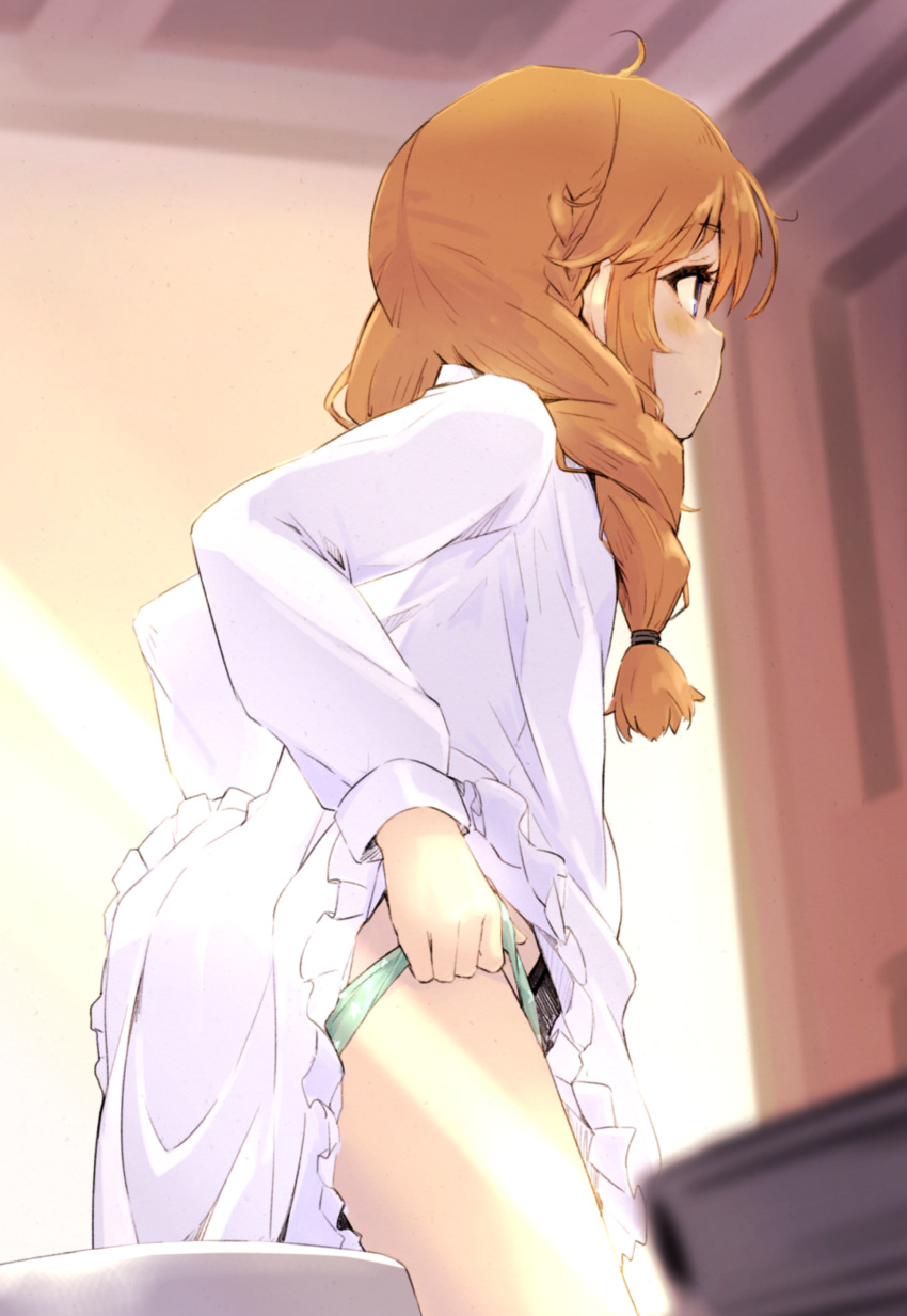 absurdres ahoge blurry blurry_background blurry_foreground blush braid closed_mouth depth_of_field female from_side green_panties hair_tie highres indoors lifting_own_clothes long_hair momo_(higanbana_and_girl) nightgown orange_hair panties panty_lift princess_connect! print_panties solo standing star_(symbol) star_print twin_braids twintails underwear yuni_(princess_connect!)