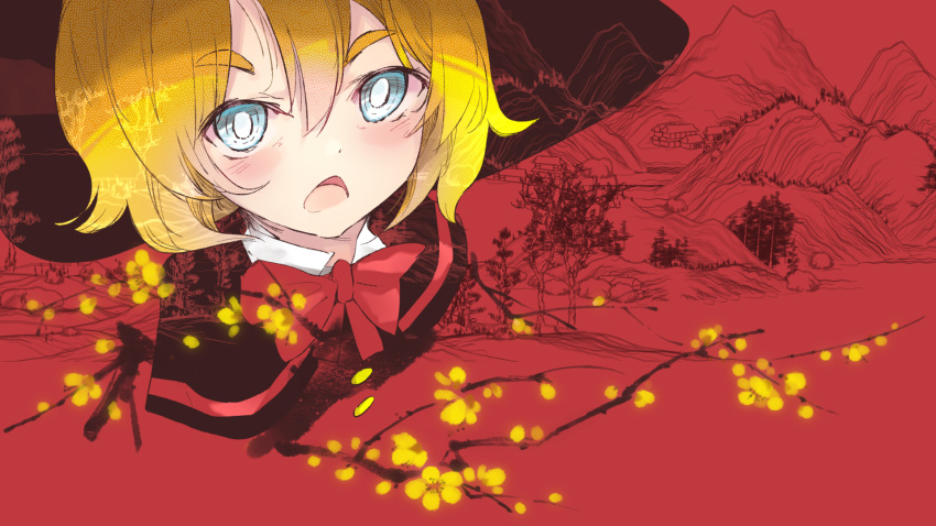 architecture black_capelet black_headwear blonde_hair blue_eyes blush bow bowtie bright_pupils building capelet chinese_commentary chinese_new_year commentary_request cookie_(touhou) cropped_torso east_asian_architecture fairyfloss female hair_between_eyes highres kirisame_marisa looking_at_viewer meguru_(cookie) mountain open_mouth red_bow red_bowtie red_theme short_hair solo touhou tree upper_body white_pupils