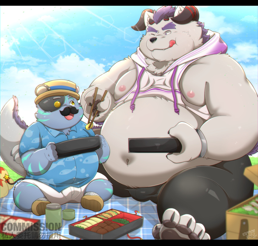 2022 96panda absurd_res anthro behemoth_(tas) belly big_belly black_bars bottomwear clothing detailed_background duo eating facial_hair food grey_body hat headgear headwear hi_res kemono letterbox lifewonders male moobs moustache nipples one_eye_closed outside overweight overweight_male shirt shorts sitting tokyo_afterschool_summoners tongue tongue_out topwear wink