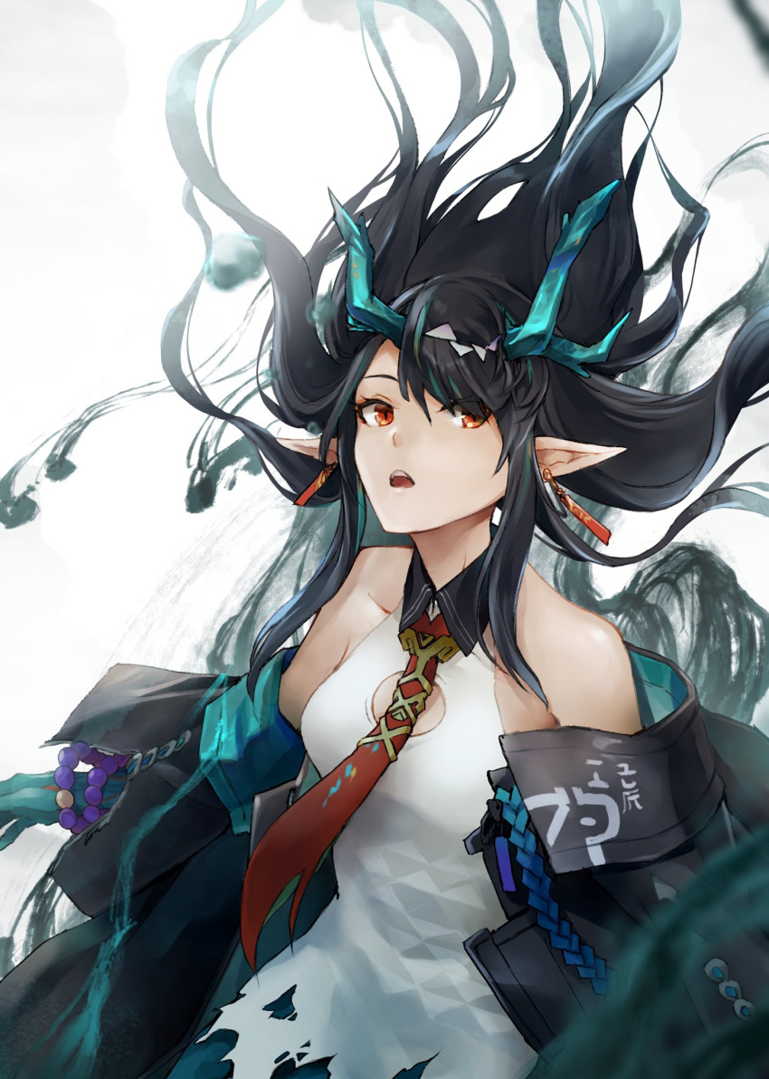 arknights backlighting bad_id bad_twitter_id beads black_hair black_jacket blue_horns blue_skin blurry blurry_background bracelet collar colored_skin commentary_request dragon_girl dragon_horns dress dusk_(arknights) e-bushi earrings female floating_hair highres horns ink jacket jewelry long_sleeves looking_at_viewer looking_up necktie off_shoulder open_mouth pointy_ears prayer_beads red_eyes red_necktie simple_background sleeveless sleeveless_dress solo teeth torn_clothes torn_dress white_background white_dress