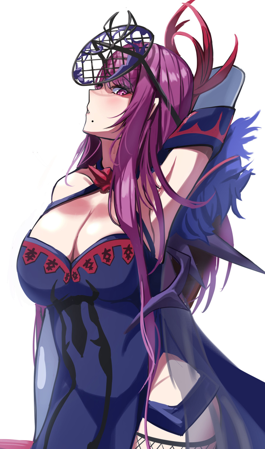 absurdres armpits bare_shoulders breasts cleavage cut_bangs elbow_gloves fascinator female fire_emblem fire_emblem_engage fishnet_thighhighs fishnets floral_print fur_trim gloves highres ivy_(fire_emblem) kamishiro_noa large_breasts long_hair looking_at_viewer mask mole mole_under_mouth purple_eyes purple_hair side_slit simple_background solo spiked thighhighs thorn_print white_background white_gloves