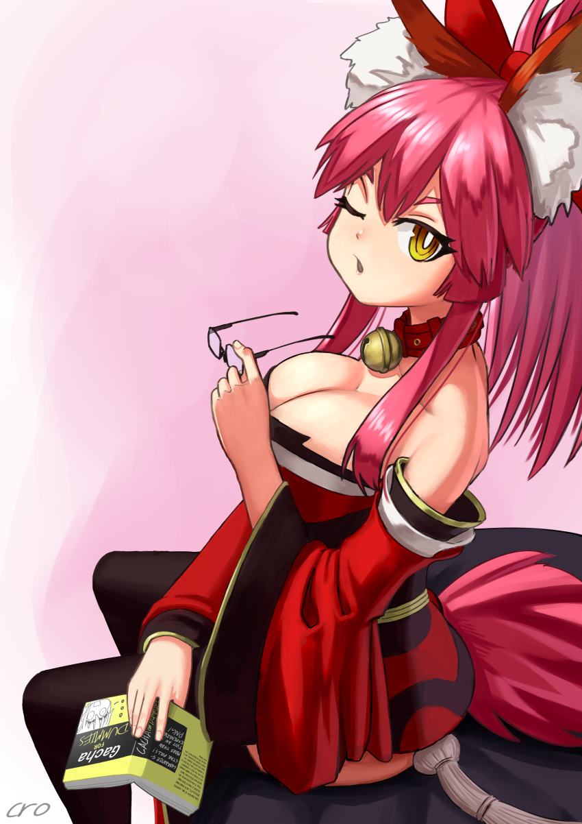 absurdres animal_ear_fluff animal_ears bell black_legwear breasts cleavage collar commentary cromachina fate/grand_order fate_(series) female fox_ears fox_girl fox_tail hair_ribbon highres japanese_clothes jingle_bell kimono large_breasts long_hair looking_at_viewer one_eye_closed pink_hair ponytail red_kimono red_ribbon ribbon solo tail tamamo_(fate) tamamo_cat_(fate) tamamo_cat_(first_ascension)_(fate) yellow_eyes