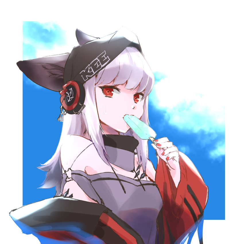 animal_ears arknights arm_at_side backlighting black_headwear blue_sky cloud commentary e-bushi ears_through_headwear eating female food food_in_mouth fox_ears framed frostleaf_(arknights) grey_shirt hand_up headphones_over_headwear highres holding holding_food jacket long_hair long_sleeves looking_at_viewer looking_down material_growth off-shoulder_shirt off_shoulder oripathy_lesion_(arknights) outside_border popsicle popsicle_in_mouth red_eyes red_jacket red_nails shirt sidelocks sky solo upper_body white_hair woollen_cap