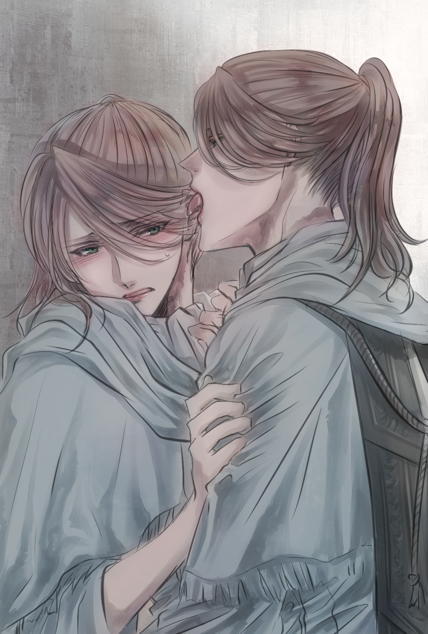 2girls bloodborne blush brown_hair commentary_request green_eyes highres iosefka itsuki_(itsukiovo) licking licking_ear multiple_girls open_mouth parted_lips short_ponytail sweatdrop teeth tongue tongue_out yuri