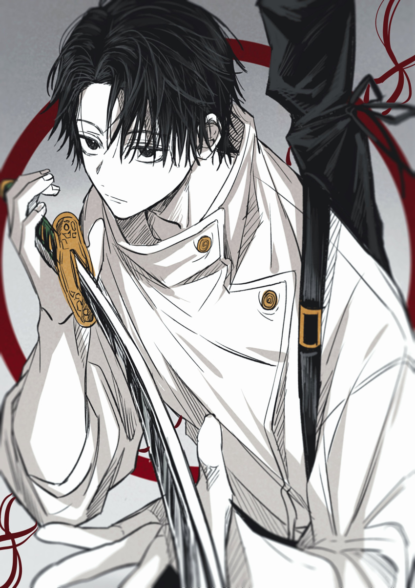 1boy absurdres black_eyes black_hair closed_mouth hair_between_eyes high_collar highres holding holding_sword holding_weapon jacket jujutsu_kaisen katana looking_at_viewer male_focus okkotsu_yuuta reverse_grip school_uniform short_hair solo sword upper_body weapon weapon_bag white_jacket yoon_(dmsco1803)