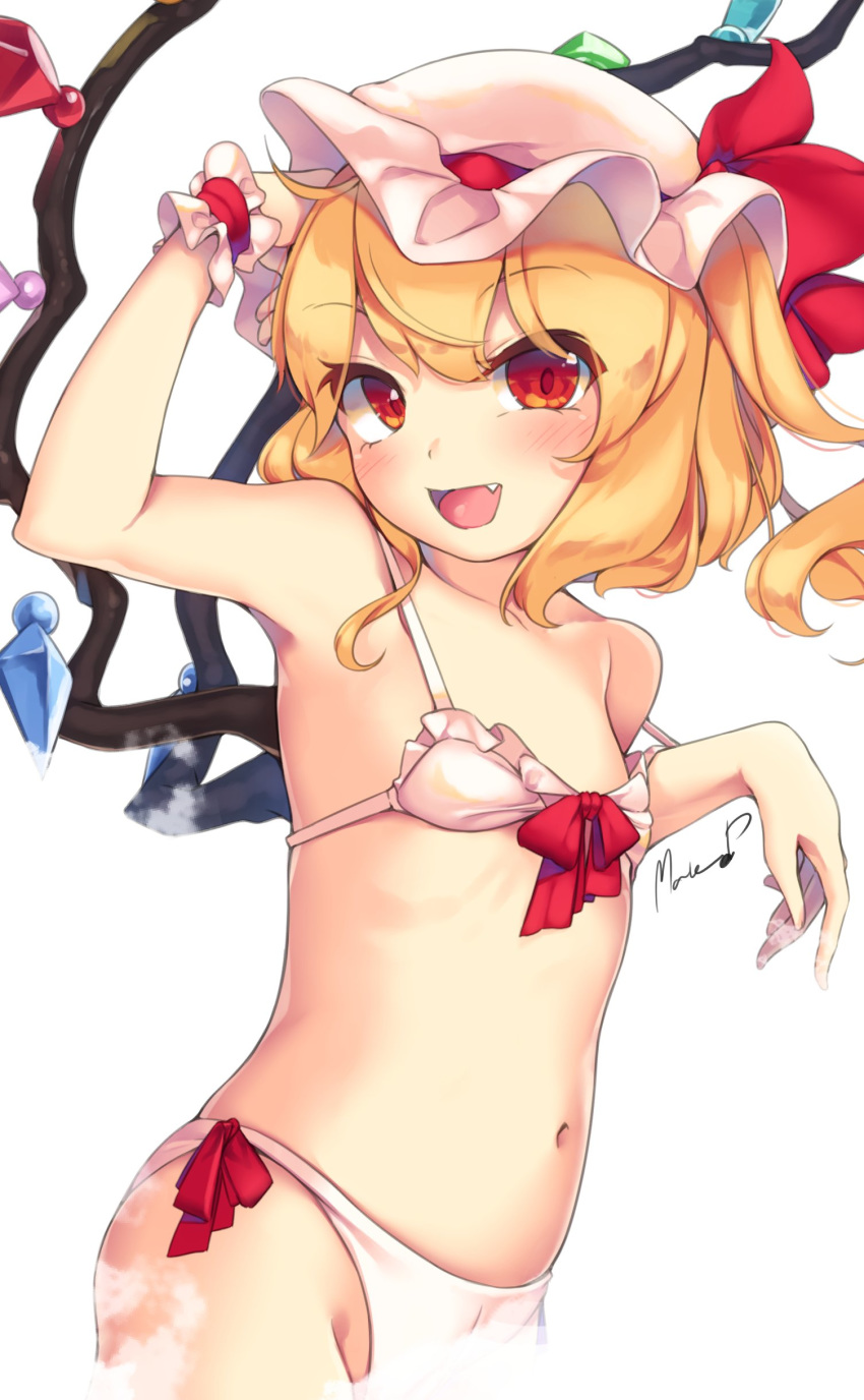 absurdres arm_up artist_name bad_id bad_twitter_id bare_arms bare_shoulders bikini blonde_hair blush bow bow_bikini breasts commentary_request cowboy_shot female flandre_scarlet hat hat_ribbon highres long_hair looking_at_viewer maremay0513 mob_cap navel oerba_yun_fang off_shoulder one_side_up open_mouth red_eyes red_ribbon ribbon simple_background small_breasts smile solo stomach swimsuit touhou white_background white_bikini wings wrist_cuffs