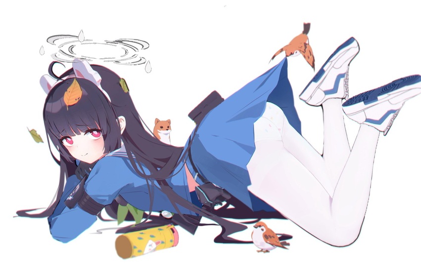 ahoge animal_ears banxuan_c2ka belt black_gloves black_hair blue_archive blue_shirt blue_skirt blush closed_mouth fake_animal_ears female ferret full_body gloves hairband halo leaf leaf_on_head long_hair long_sleeves looking_at_viewer lying miyu_(blue_archive) on_stomach panties panties_under_pantyhose pantyhose polka_dot polka_dot_panties rabbit_ears raised_eyebrows sailor_collar shirt shoes sidelocks simple_background skirt sneakers solo thermos underwear utility_belt white_background white_footwear white_pantyhose