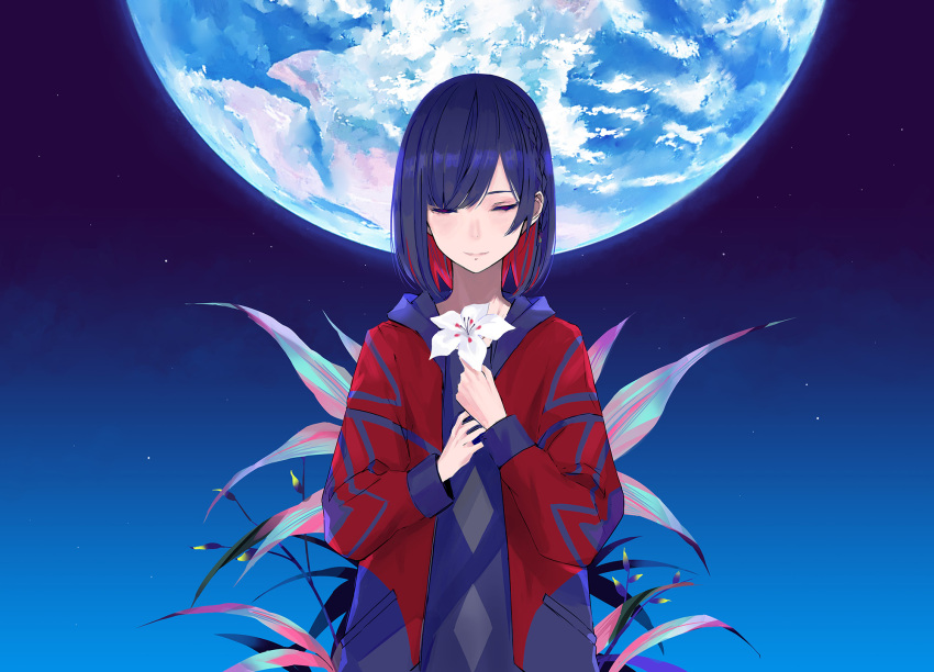 blue_hair braid closed_eyes colored_inner_hair commentary_request earth_(planet) female flower highres holding holding_flower hood hooded_jacket jacket kamitsubaki_studio lily_(flower) multicolored_hair official_art palow planet red_hair rim_(kamitsubaki_studio) short_hair side_braid smile solo space star_(sky) two-tone_hair upper_body virtual_youtuber