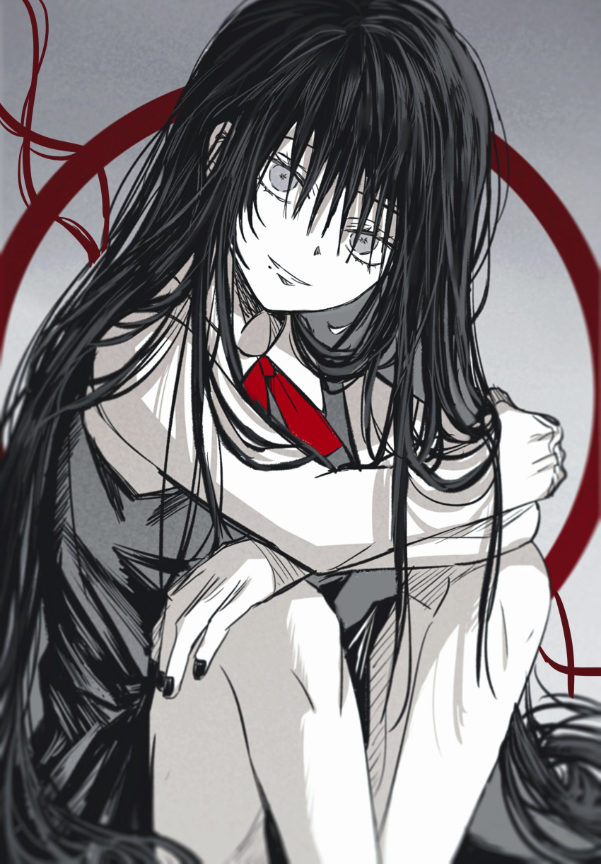 absurdres black_dress black_hair black_nails closed_mouth cowboy_shot dress female grey_eyes hair_between_eyes highres jujutsu_kaisen knees_up long_hair looking_at_viewer mole mole_under_mouth neck_ribbon orimoto_rika red_ribbon ribbon sitting sleeveless sleeveless_dress smile solo very_long_hair yoon_(dmsco1803)