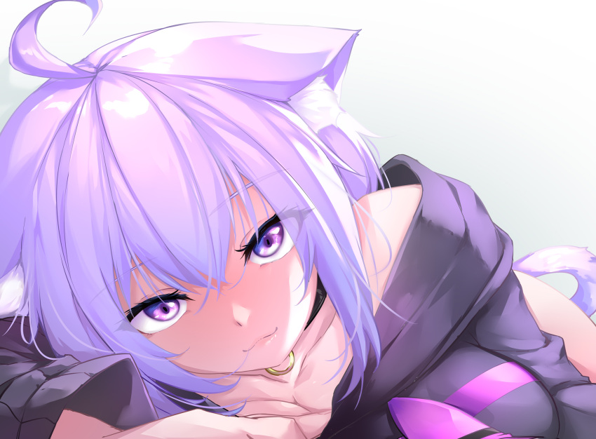 :3 ahoge animal_ear_fluff animal_ears black_collar cat_ears cat_tail chinese_commentary collar collarbone drawstring female hair_between_eyes highres hololive hood hoodie looking_at_viewer lying nekomata_okayu nekomata_okayu_(1st_costume) on_stomach purple_eyes purple_hair smile solo tail virtual_youtuber zuo_wei_er