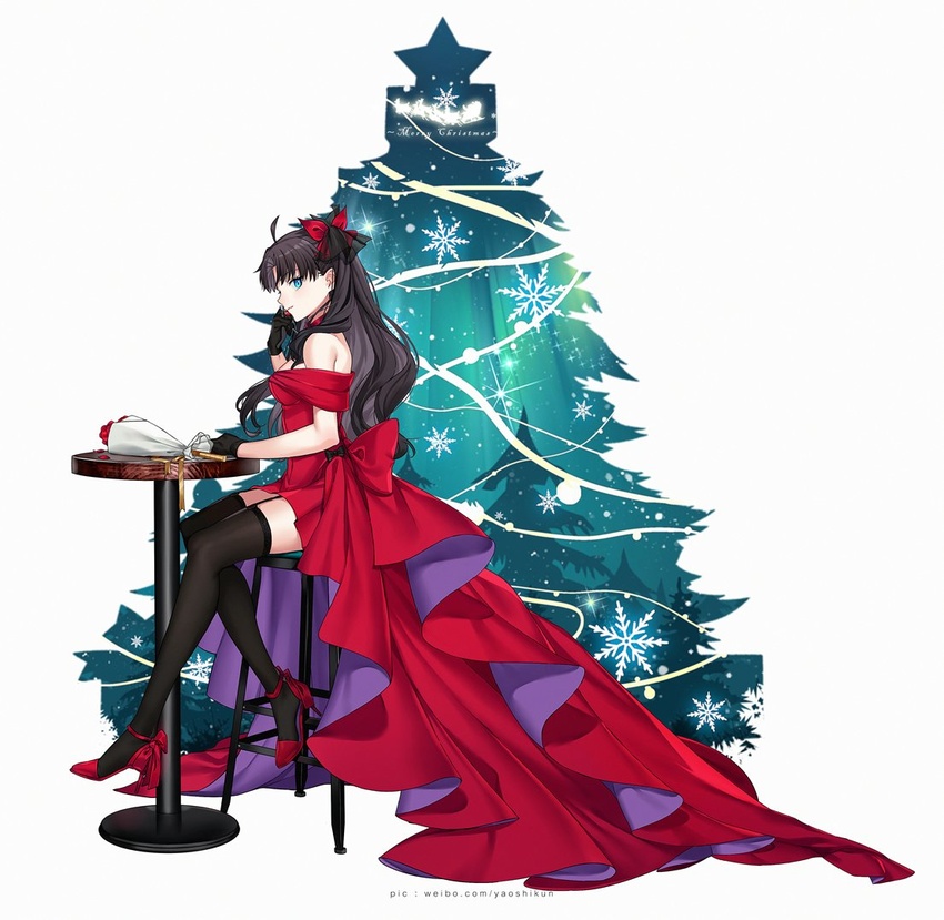 bare_shoulders black_hair blue_eyes breasts christmas christmas_tree dress fate/stay_night fate_(series) female full_body long_hair looking_at_viewer medium_breasts red_dress solo tohsaka_rin two_side_up yaoshi_jun