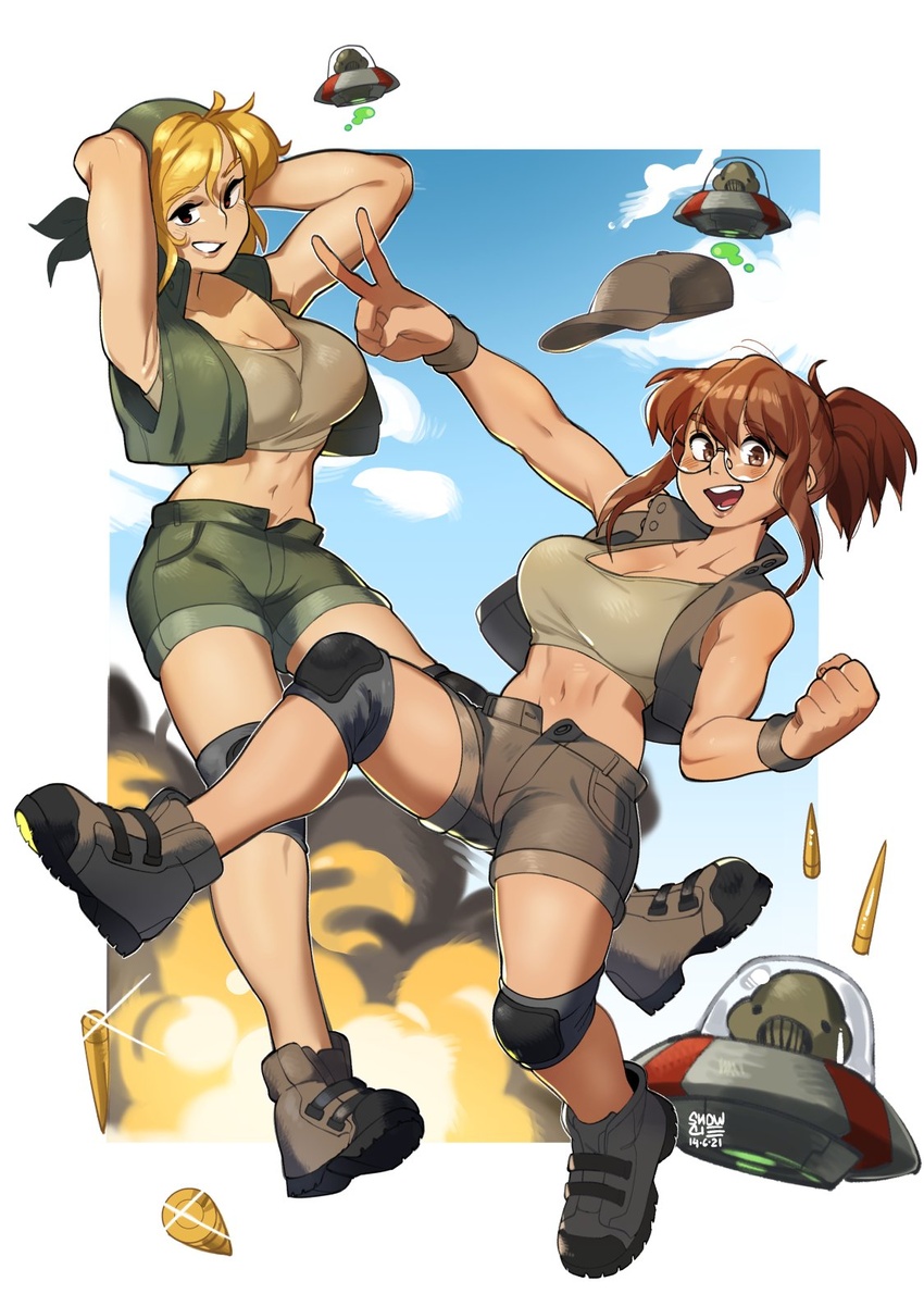 2girls alien arms_behind_head arms_up artist_name bandana baseball_cap blonde_hair breasts brown_eyes brown_footwear brown_hair brown_headwear brown_shorts bullet cleavage crop_top dated fio_germi flying_saucer glasses green_bandana hat highres kasamoto_eri knee_pads large_breasts looking_at_viewer mars_people metal_slug multiple_girls navel open_clothes open_mouth open_vest round_eyewear shoes short_shorts shorts signature smile snowcie spacecraft tank_top ufo vest white_tank_top