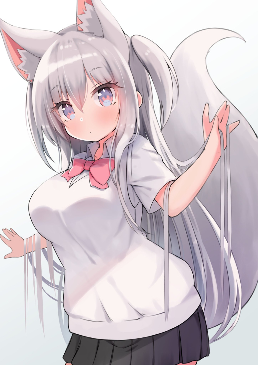 animal_ear_fluff animal_ears arm_up black_skirt breasts female fox_ears fox_girl fox_tail grey_hair highres large_breasts long_hair original pink_eyes pleated_skirt school_uniform shirt short_sleeves siragagaga skirt solo sweater_vest tail two_side_up very_long_hair white_shirt white_sweater_vest