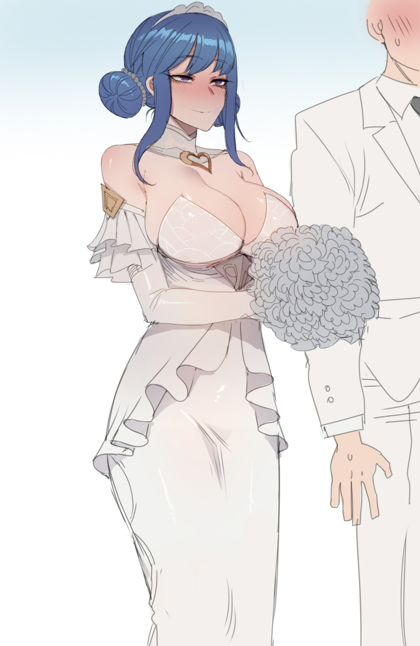 ... 1boy bare_shoulders blue_hair bouquet breasts bride cleavage commentary couple crystal_rose_sona double_bun dress elbow_gloves female flower formal gloves groom hair_bun heart highres korean_text large_breasts league_of_legends purple_eyes ratatatat74 smile sona_(league_of_legends) standing straight strapless strapless_dress suit sweat swept_bangs tiara wedding wedding_dress white_dress white_gloves white_suit