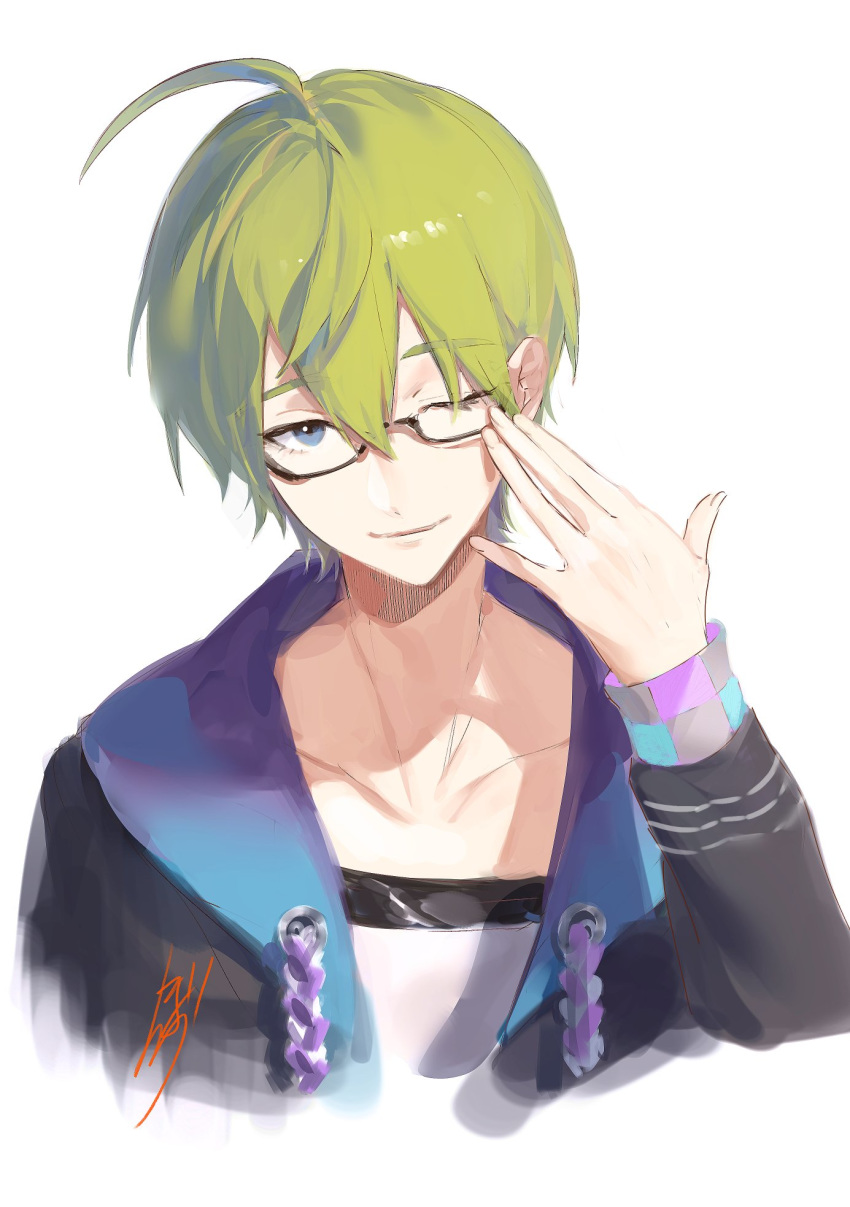 1boy ahoge black_jacket blue_eyes glasses green_hair hand_up highres hoojiro jacket long_sleeves looking_at_viewer male_focus nijisanji one_eye_closed semi-rimless_eyewear shibuya_hajime shibuya_hajime_(1st_costume) signature simple_background smile solo under-rim_eyewear virtual_youtuber white_background