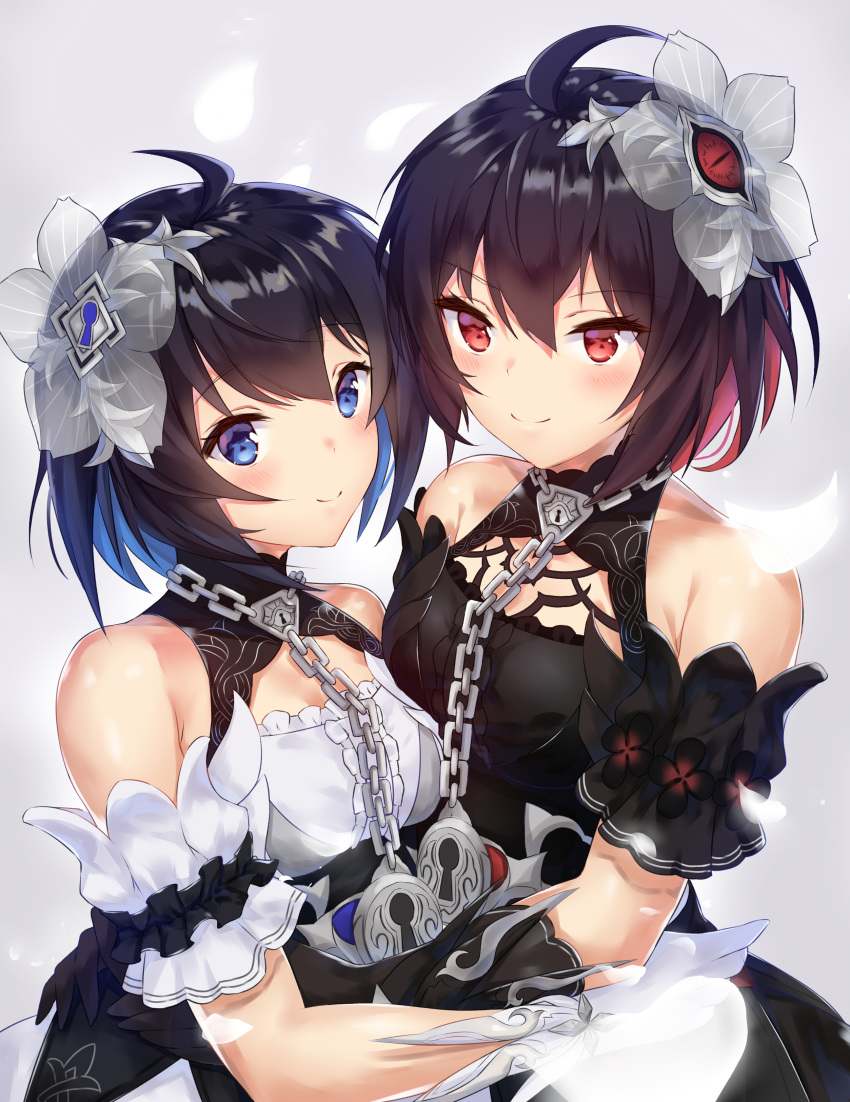 2girls absurdres ahoge bare_shoulders black_dress black_flower black_gloves black_hair blue_eyes blue_hair blush breasts chains closed_mouth commentary dress flower gloves hair_between_eyes hair_flower hair_ornament highres honkai_(series) honkai_impact_3rd keyhole multicolored_hair multiple_girls petals ponta_(velmar) red_eyes red_hair see-through seele_(alter_ego) seele_vollerei seele_vollerei_(stygian_nymph) sleeveless sleeveless_dress small_breasts smile two-tone_hair upper_body white_dress white_gloves