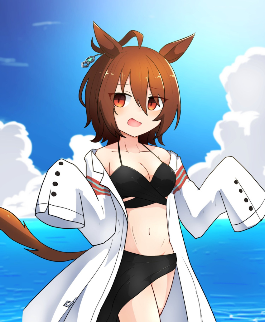 agnes_tachyon_(umamusume) ahoge animal_ears bare_shoulders bikini black_bikini breasts brown_hair cleavage cloud coat cowboy_shot day earrings female halterneck hands_up highres horse_ears horse_girl horse_tail jewelry kuroshiro1011 lab_coat looking_at_viewer medium_breasts medium_hair navel off_shoulder open_mouth orange_eyes outdoors sarong single_earring sleeves_past_fingers sleeves_past_wrists smile solo swimsuit tail umamusume water white_coat