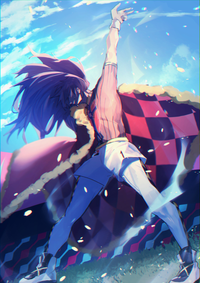 1boy arm_up bad_id bad_pixiv_id cape champion_uniform charizard_pose cloud commentary day floating_hair fur-trimmed_cape fur_trim grass highres leggings legs_apart leon_(pokemon) long_hair male_focus outdoors pokemon pokemon_swsh purple_hair red_cape sava_(sava_023) shirt shoes short_sleeves shorts sky solo standing white_shorts wristband