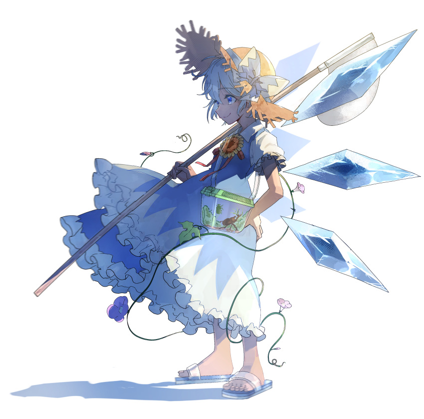 absurdres blue_dress blue_eyes blue_hair bow bud bug bug_hunting butterfly_net cirno clothes_lift collared_shirt commentary dress dress_lift dress_shirt female flower frilled_skirt frilled_sleeves frills from_side hair_between_eyes hairbow hand_net hat highres hiragi_sage holding holding_butterfly_net ice ice_wings insect_cage morning_glory neck_ribbon pinafore_dress plant puffy_short_sleeves puffy_sleeves red_ribbon ribbon shaded_face shadow shirt short_hair short_sleeves simple_background skirt sleeveless sleeveless_dress slippers smile solo straw_hat sun_hat sunflower tanned_cirno touhou vines white_background white_bow white_shirt wing_collar wings