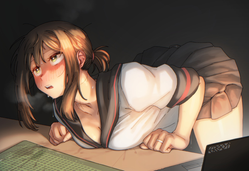 bent_over black_sailor_collar black_skirt blush breasts brown_hair butt_plug cleavage computer cutting_mat ergot female fubuki_(kancolle) fubuki_kai_ni_(kancolle) green_eyes hair_between_eyes highres jewelry kantai_collection laptop medium_breasts mixed-language_commentary nose_blush parted_lips pleated_skirt pussy_juice pussy_juice_trail ring sailor_collar school_uniform serafuku sex_toy short_ponytail short_sleeves simple_background skirt solo sweat table wedding_ring