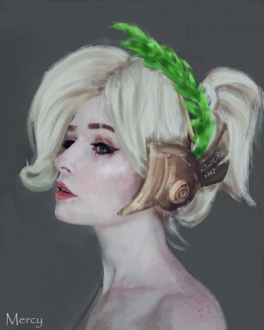 artist_name blonde_hair blue_eyes character_name close-up collarbone commentary eyebrows eyelashes eyeliner eyeshadow female freckles grey_background hair_up head_wreath headpiece highres laurel_crown lips makeup mercy_(overwatch) nier_mira nose overwatch overwatch_1 painting_(action) pale_skin parted_lips ponytail portrait profile realistic red_lips short_hair short_ponytail signature simple_background solo teeth upper_teeth_only winged_victory_mercy