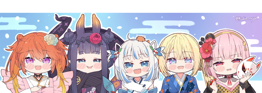 5girls blonde_hair blue_eyes blue_hair blush breasts earrings feathers fins fish_tail gawr_gura gawr_gura_(new_year) gradient_hair hair_ornament hat highres hololive hololive_english holomyth horns japanese_clothes jewelry kimono kukie-nyan long_hair looking_at_viewer mori_calliope mori_calliope_(new_year) multicolored_hair multiple_girls ninomae_ina'nis ninomae_ina'nis_(new_year) open_mouth orange_hair pink_eyes pink_hair pointy_ears purple_eyes purple_hair shark_tail sharp_teeth smile streaked_hair tail takanashi_kiara takanashi_kiara_(new_year) teeth tentacle tentacle_hair virtual_youtuber watson_amelia watson_amelia_(new_year)