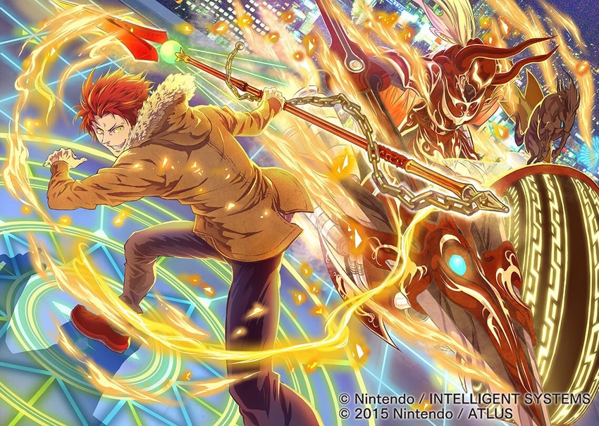 2boys akagi_toma armor cain_(fire_emblem:_shadow_dragon) chains cityscape fake_horns fire fire_emblem fire_emblem_cipher helmet holding holding_polearm holding_weapon horned_helmet horns lance motor_vehicle motorcycle multiple_boys outdoors polearm red_hair spear suzuki_rika tokyo_mirage_sessions_fe weapon yellow_eyes