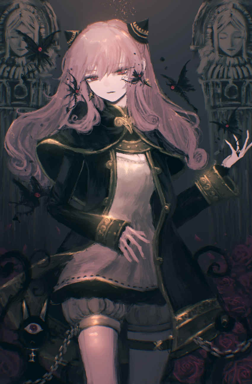 absurdres ashe_(rengoku_no_ashe) black_capelet black_jacket capelet commentary feline female grey_shorts hair_behind_ear highres jacket konkontsuki long_hair looking_down one-eyed open_hands parted_lips pink_hair red_eyes rengoku_no_ashe shorts solo thigh_strap