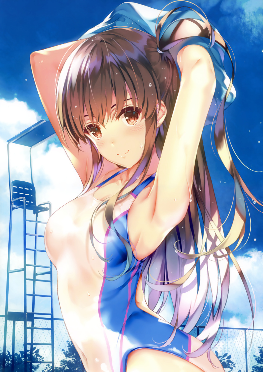 absurdres amami_anzu armpits arms_up blue_sky blush breasts brown_eyes brown_hair closed_mouth cloud cloudy_sky comic_aun competition_swimsuit covered_navel day female highres long_hair looking_at_viewer medium_breasts misaki_kurehito one-piece_swimsuit outdoors shiny_clothes side_ponytail sidelocks sky smile solo swimsuit undressing water_drop wet wet_clothes wet_swimsuit