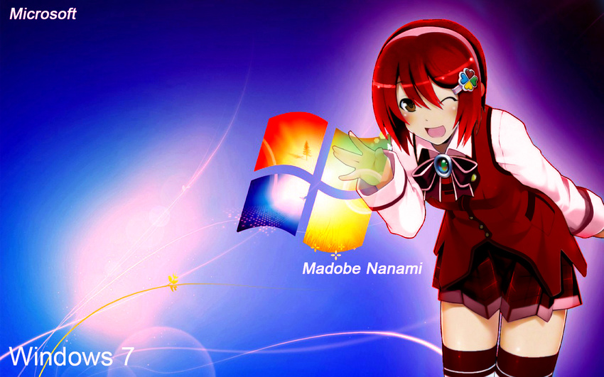 7 7-tan anthropomorphization brown_eyes feyxo funny_face madobe_nanami madobe_nanami(alternative_color) megame microsoft red_hair school_uniform short_hair wallpaper windows windows_7