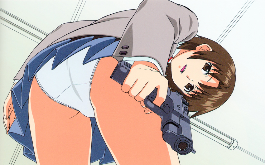 absurdres aika_(series) aika_r-16 ass blue_skirt brown_eyes cz_75 dutch_angle extra female from_below grey_jacket gun handgun highres holding holding_gun holding_weapon indoors jacket leaning_forward looking_at_viewer looking_down open_mouth original panties pleated_skirt short_hair skirt solo standing thighs trigger_discipline underwear uniform weapon white_panties yamauchi_noriyasu