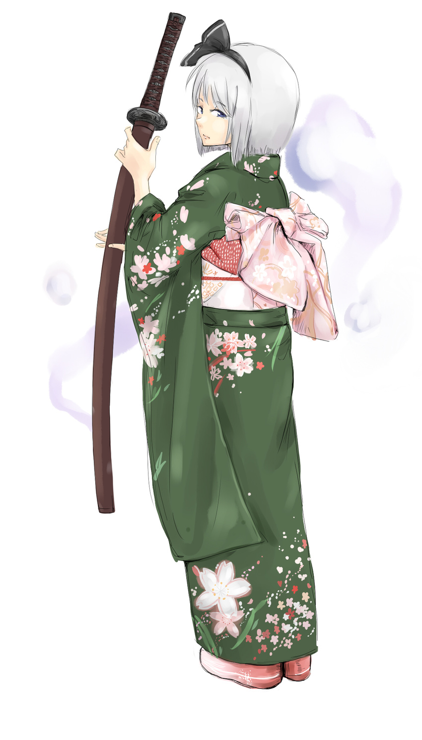 commentary_request female floral_print from_behind green_kimono highres holding holding_sword holding_weapon japanese_clothes katana kimono konpaku_youmu konpaku_youmu_(ghost) looking_back michael-x obi sandals sash scabbard sheath sheathed sword touhou weapon white_background zouri