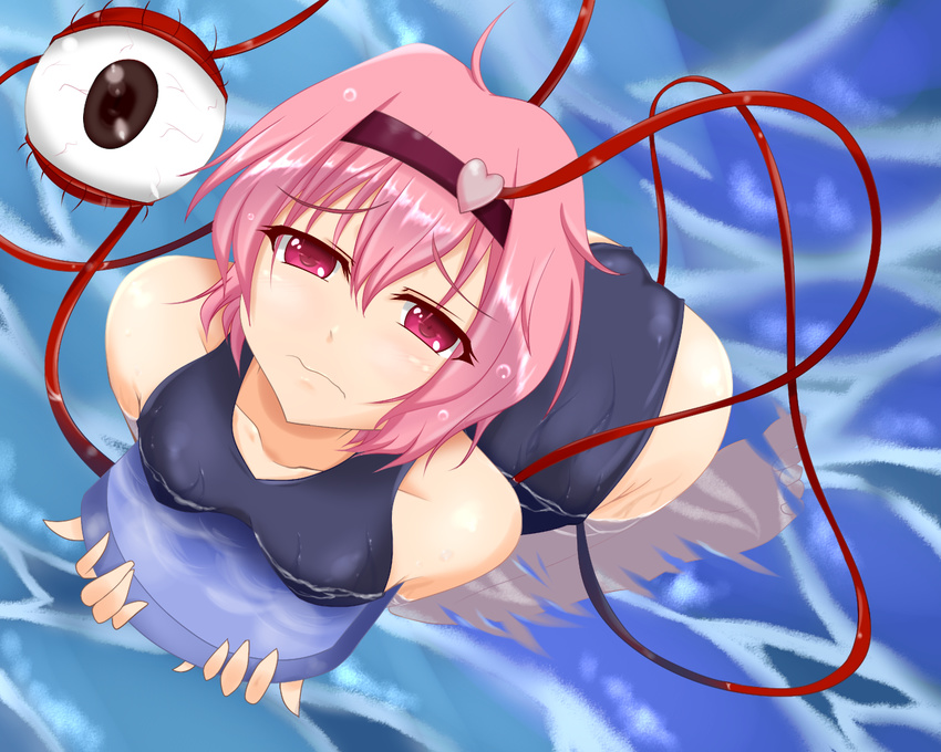 breast_press breasts commentary_request eyeball female hairband hataage_konoe heart kickboard komeiji_satori lying on_stomach one-piece_swimsuit pink_hair red_eyes school_swimsuit short_hair small_breasts solo swimming swimsuit third_eye touhou