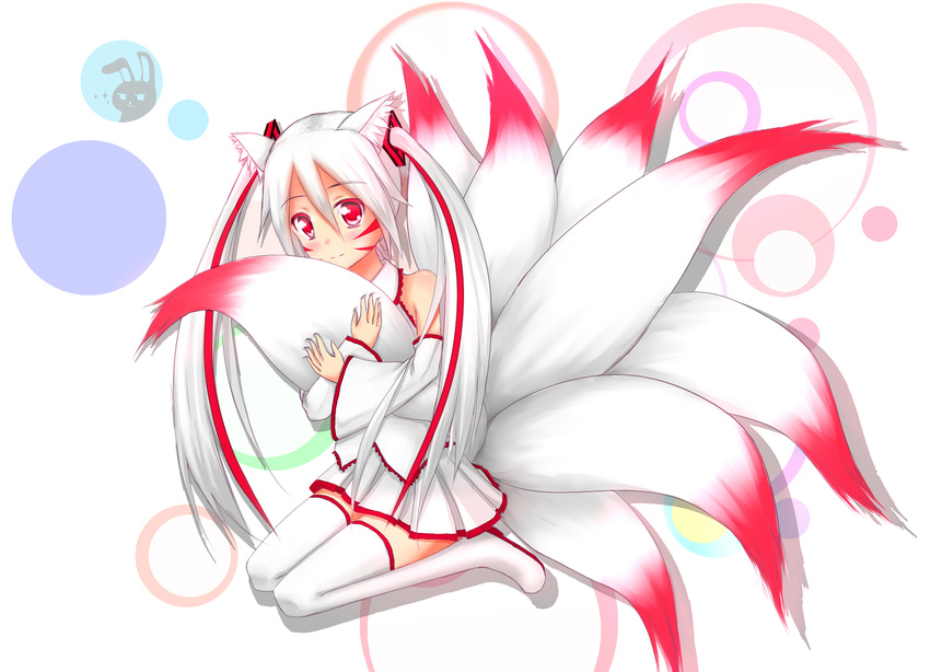 animal_ears beta_x commentary_request detached_sleeves facial_mark female fox_ears fox_tail hair_ornament hatsune_miku highres hugging_own_tail hugging_tail kemonomimi_mode long_hair looking_at_viewer multicolored_hair multiple_tails pleated_skirt red_eyes sitting skirt smile solo tail thighhighs twintails two-tone_hair vocaloid wariza white_hair white_thighhighs zettai_ryouiki