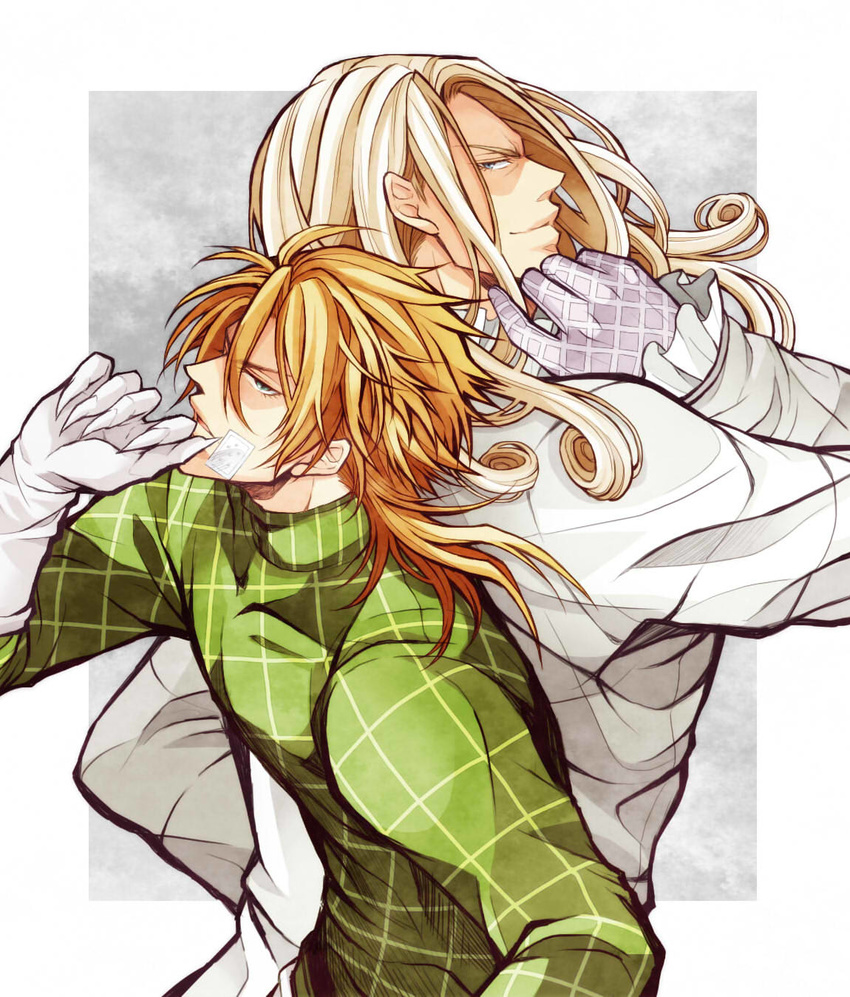 2boys bad_id bad_pixiv_id bandage_on_face bandages blonde_hair claws diego_brando funny_valentine gloves green_shirt highres jojo_no_kimyou_na_bouken long_hair male_focus multiple_boys shirt steel_ball_run suna_ko1 sweater