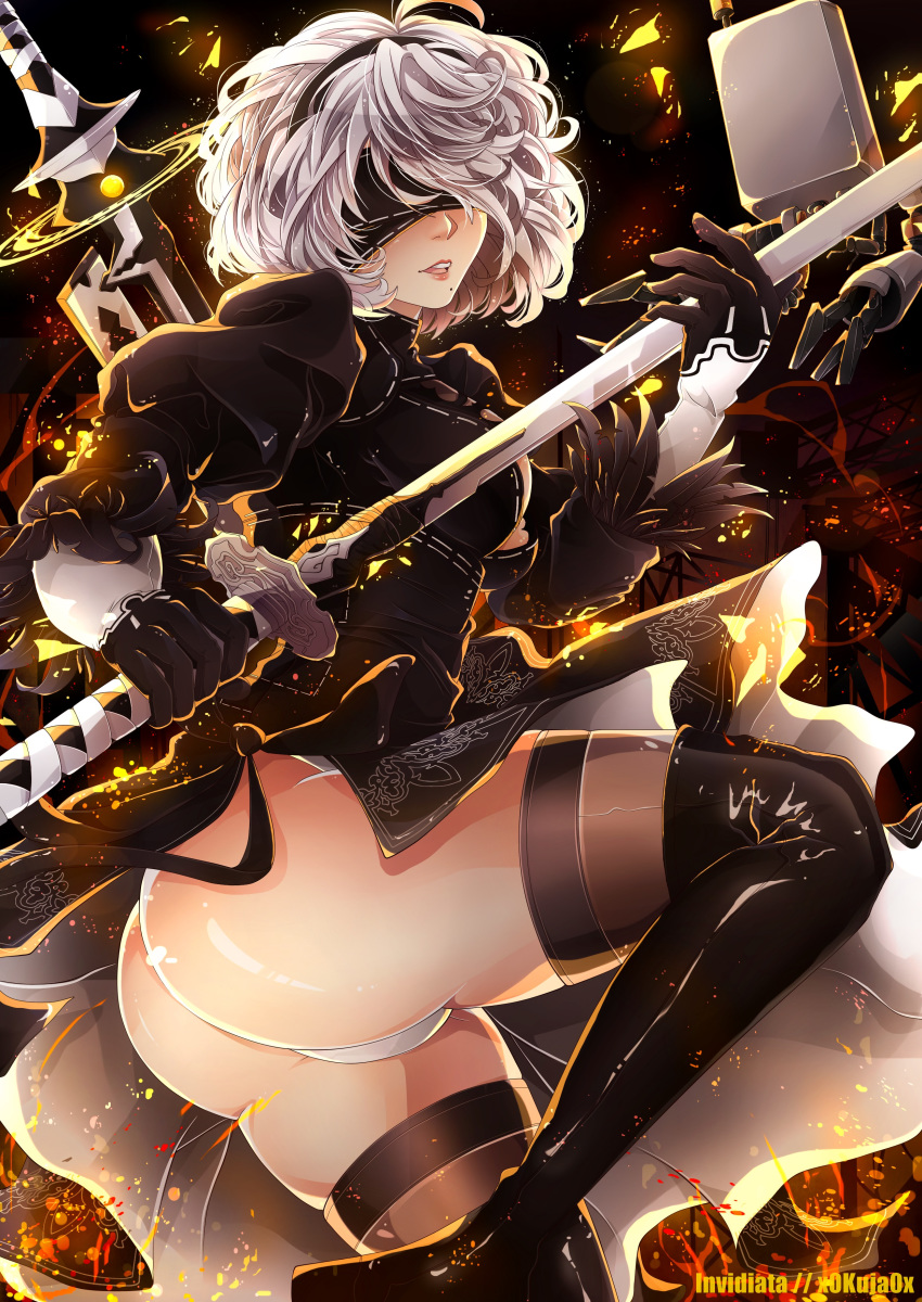 2b_(nier:automata) absurdres ass back_cutout black_dress black_hairband blindfold boots clothing_cutout commentary_request covered_eyes dress feather-trimmed_sleeves female hairband high_heel_boots high_heels highres holding holding_sword holding_weapon invidiata juliet_sleeves leotard long_sleeves mole mole_under_mouth nier:automata nier_(series) pod_(nier:automata) puffy_sleeves solo sword thigh_boots thighhighs thighhighs_under_boots thighs vambraces weapon white_hair white_leotard