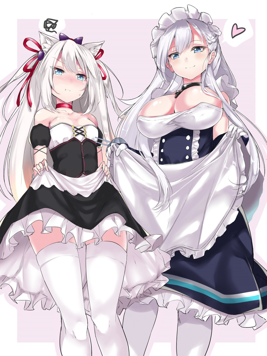 2girls :t animal_ears aoi_takeru apron azur_lane bare_shoulders belfast_(azur_lane) black_dress blue_eyes blush bow braid breasts buttons chains choker cleavage clothes_lift collar collarbone commentary detached_sleeves dress dress_lift french_braid frilled_skirt frills from_below gloves hair_between_eyes hair_ornament hair_ribbon hairbow hammann_(azur_lane) heart highres large_breasts lifting_own_clothes long_hair looking_at_viewer maid maid_apron maid_headdress multiple_girls pout puffy_short_sleeves puffy_sleeves purple_bow red_ribbon retrofit_(azur_lane) ribbon short_sleeves simple_background skirt skirt_lift small_breasts smile spoken_heart spoken_squiggle squiggle strapless sweatdrop thighhighs tsurime turret two_side_up upskirt very_long_hair white_gloves white_hair white_thighhighs