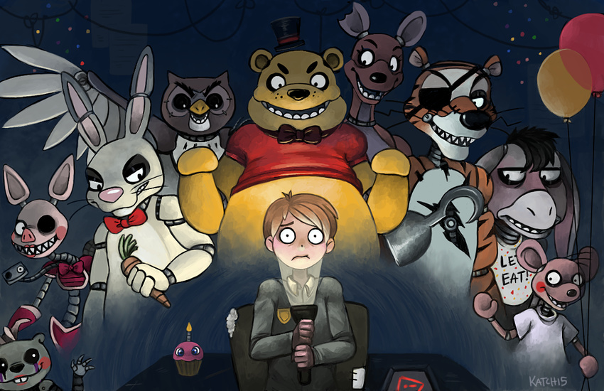 2015 animatronic anthro avian bear bird bow_(feature) bow_tie canid canine carrot christopher_robin clothing crossover cupcake_(fnaf) disney eeyore eye_patch eyewear female five_nights_at_freddy's flashlight food gopher_(winnie_the_pooh) group hat headgear headwear hook human kanga kangaroo lagomorph leporid machine macropod male mammal marsupial merkatch owl piglet plant pooh_bear rabbit rabbit_(winnie_the_pooh) robot roo_(winnie_the_pooh) scottgames tigger top_hat vegetable winnie_the_pooh_(franchise)