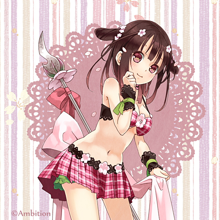 brown_hair commentary_request female flower hair_flower hair_ornament himekiss midriff navel polearm red_eyes ribbon skirt solo spear weapon zaza_(x-can01)