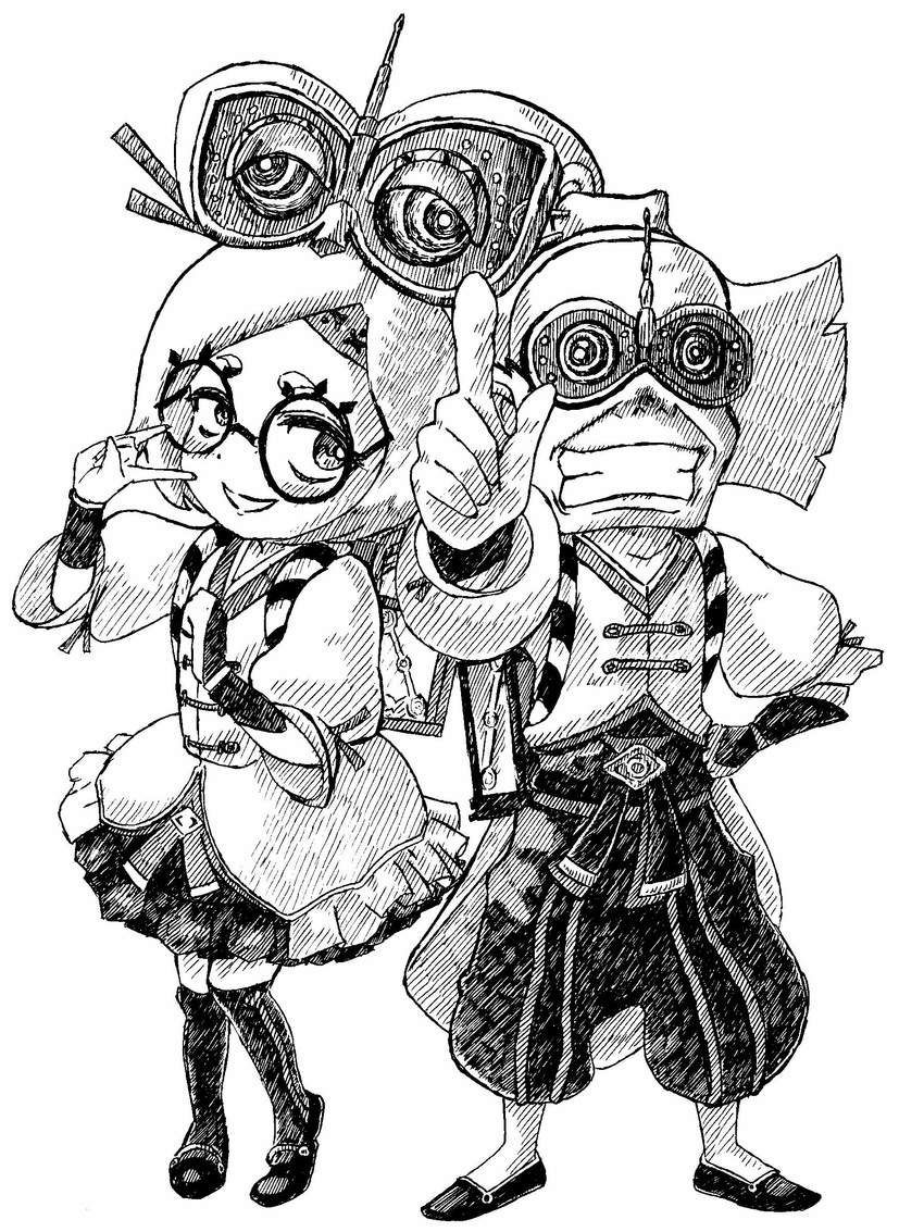 1boy \m/ absurdres commentary_request cuffs dress female frilled_dress frills glasses goggles goggles_on_head greyscale grin hair_ornament hair_stick headband highres mary_janes monochrome music_hour pointing pointing_at_viewer purah robbie_(zelda) round_eyewear sheikah shoes short_hair simple_background smile the_legend_of_zelda the_legend_of_zelda:_breath_of_the_wild thighhighs white_background zettai_ryouiki