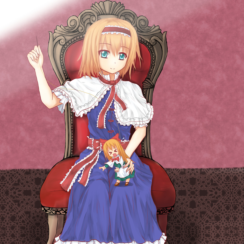 >_< 2girls absurdres alice_margatroid aqua_eyes beta_x blonde_hair bow chair closed_eyes commentary_request hair_ribbon hairband hairbow highres holding holding_needle lolita_hairband long_hair multiple_girls needle ribbon sewing sewing_needle shanghai_doll short_hair sitting touhou