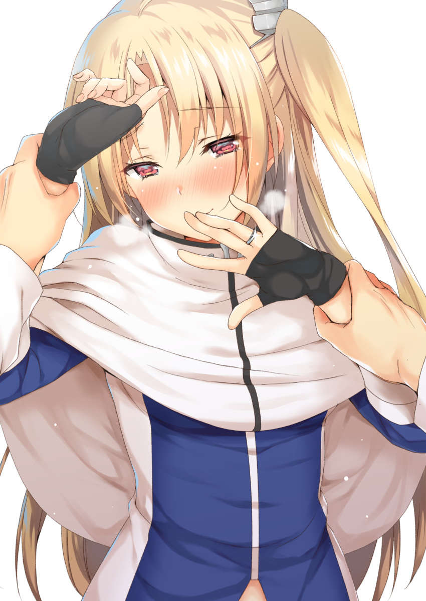 azur_lane black_gloves blonde_hair blue_shirt blush capelet chika_(toumei_kousoku) cleveland_(azur_lane) commentary female fingerless_gloves fingernails gloves hand_grab highres jewelry long_hair looking_at_viewer one_side_up parted_bangs red_eyes ring shirt solo_focus standing upper_body white_capelet